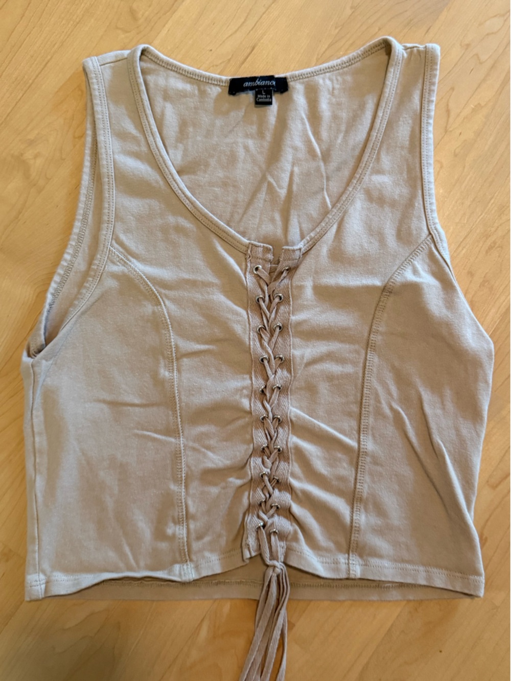 Ambiance Lace-Up Front Cropped Tank Top - Taupe
